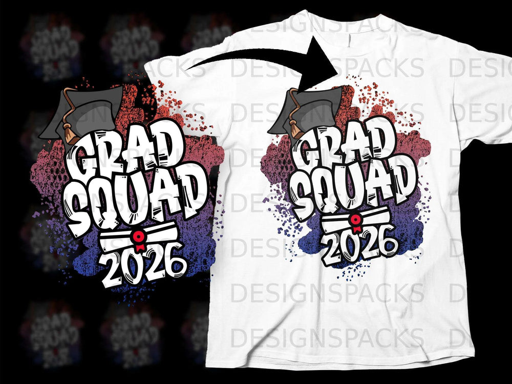 Grad Squad 2026 graphic with graduation cap on white t-shirt.
