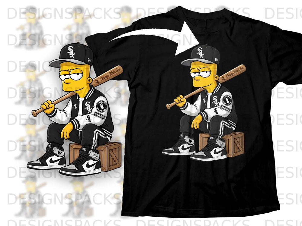 Bart Simpson sits on wooden crates wearing a Chicago White Sox jacket and baseball cap.