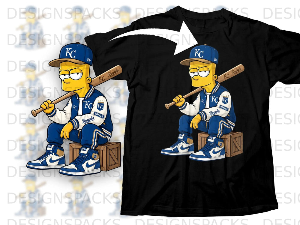Bart Simpson wearing Royals jacket and hat, holding baseball bat, sitting on crate.