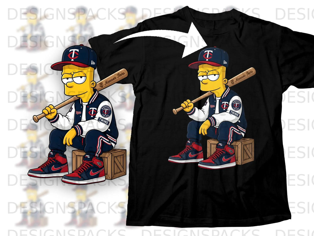 Bart Simpson wearing a Minnesota Twins jacket and hat, holding a baseball bat.