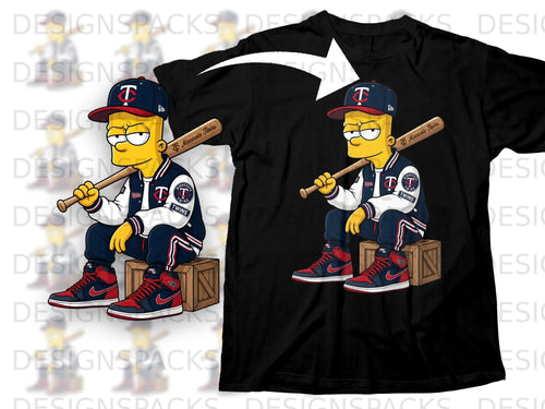 Bart Simpson wearing a Minnesota Twins jacket and hat, holding a baseball bat.