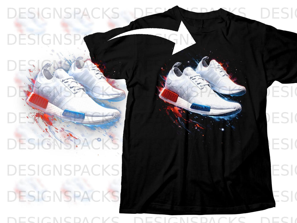 Black t-shirt with a graphic of white Adidas sneakers with red and blue paint splatters.