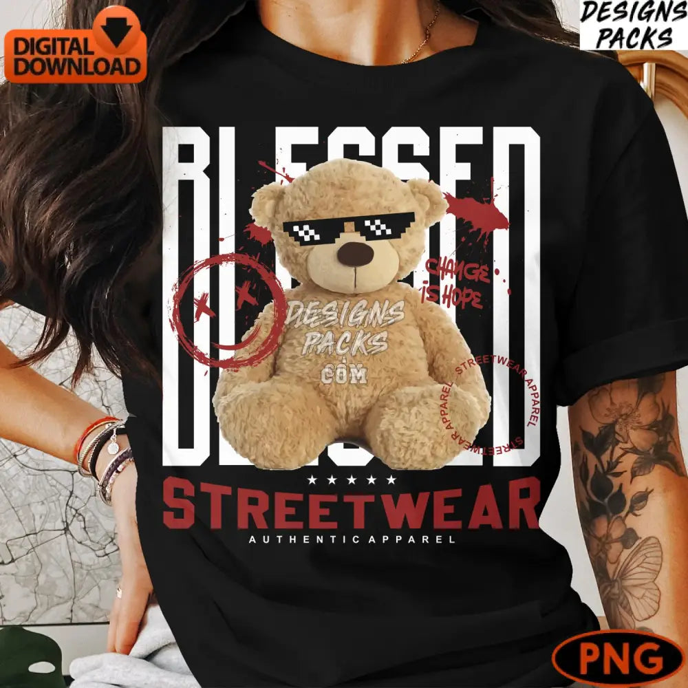 Streetwear Teddy Bear Digital Art Png Instant Download Urban Style Graphic Cool With Sunglasses