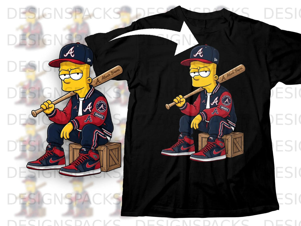 Bart Simpson wearing a Braves jacket, cap, and holding a baseball bat.