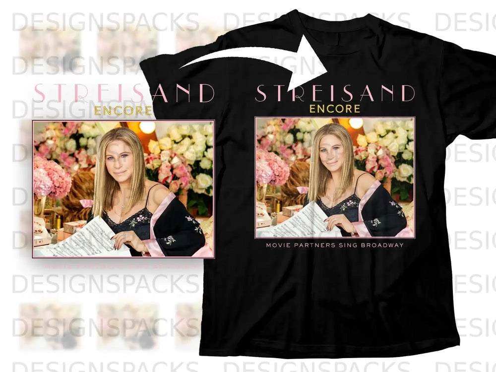Barbra Streisand "Encore" album cover on a black t-shirt.