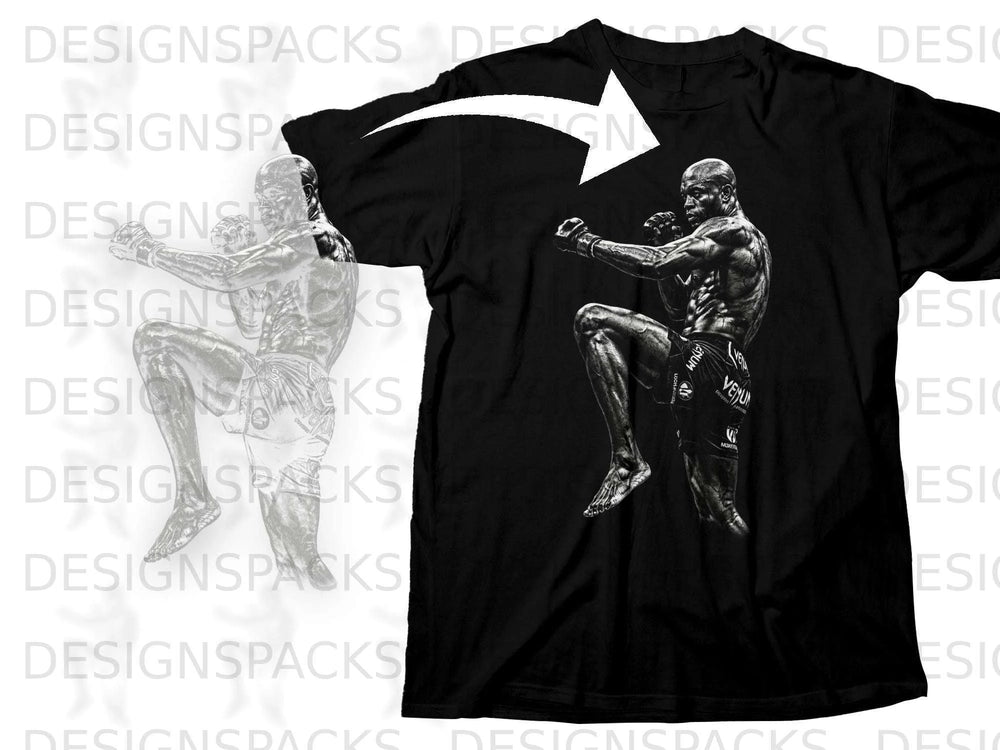Black t-shirt with a martial artist in fighting stance, "Venum" logo on shorts.