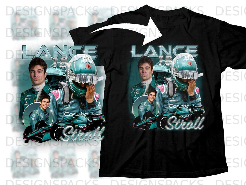 Aston Martin F1 driver Lance Stroll on a black t-shirt with BWT and Cognizant logos.