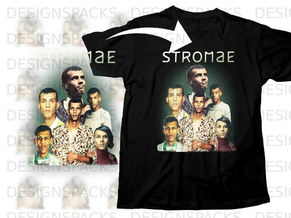 Black t-shirt with Stromae and group printed on the front.