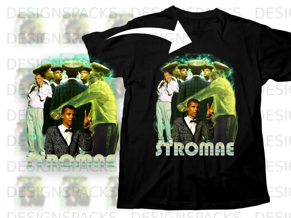 Black t-shirt with Stromae graphic, showing him in a suit giving peace sign.