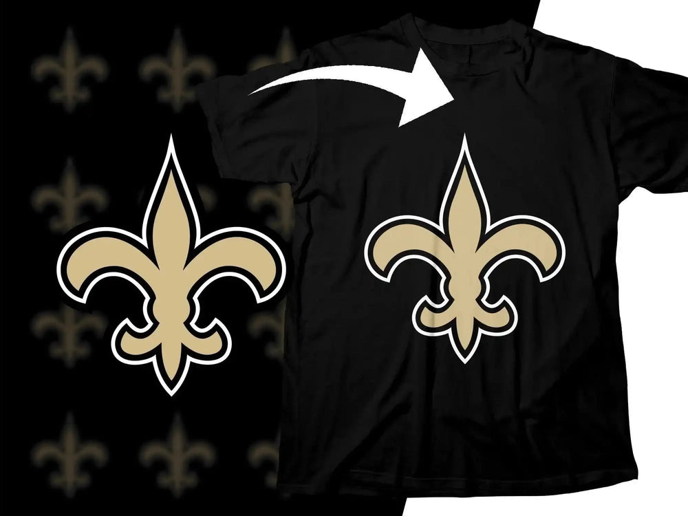 Black t-shirt with gold and white fleur-de-lis design, print-ready for DTG or DTF