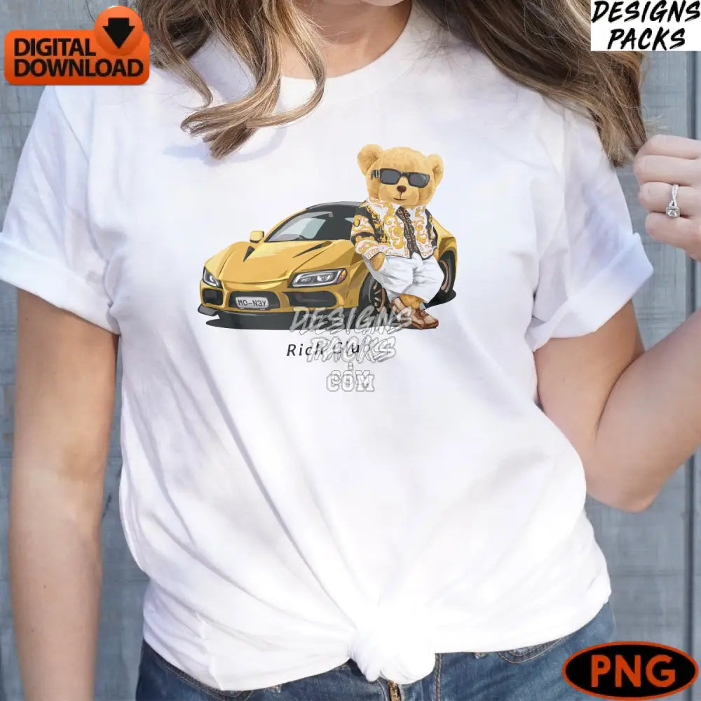 Stylish Bear In Sunglasses With Yellow Sports Car Digital Art Png Instant Download Cool Unique Print
