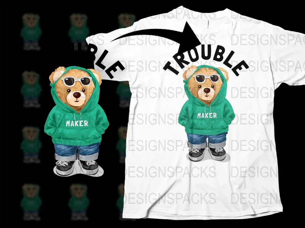 Stylish Bear with Hoodie Trouble Maker Png Digital Download