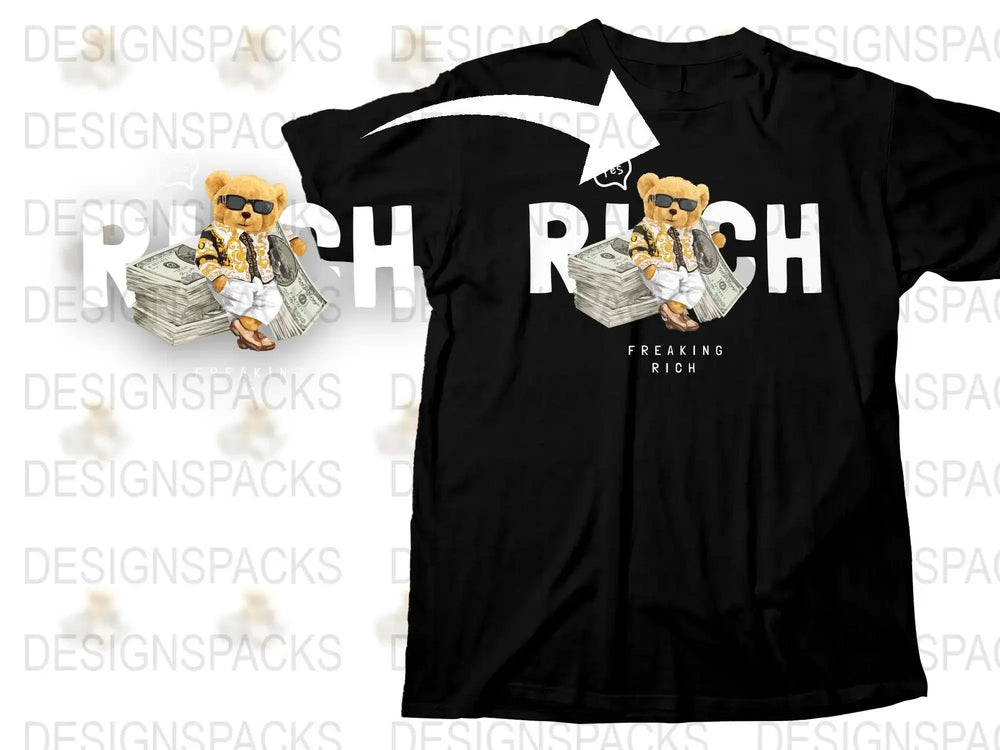 Stylish Bear with Money Freaking Rich Graphic Png Digital Download