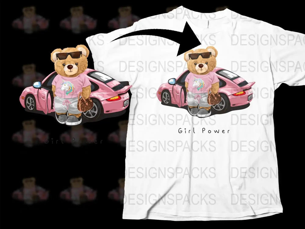 Stylish Bear with Unicorn Outfit Girl Power Png Digital Download