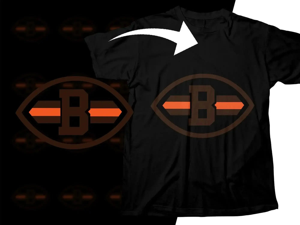 Black t-shirt with bold 'B' logo in brown and orange, print-ready design for DTG or DTF.