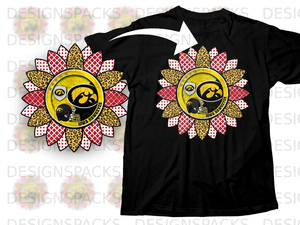 Black t-shirt with Iowa Hawkeyes sunflower design featuring leopard print and red checkered petals.