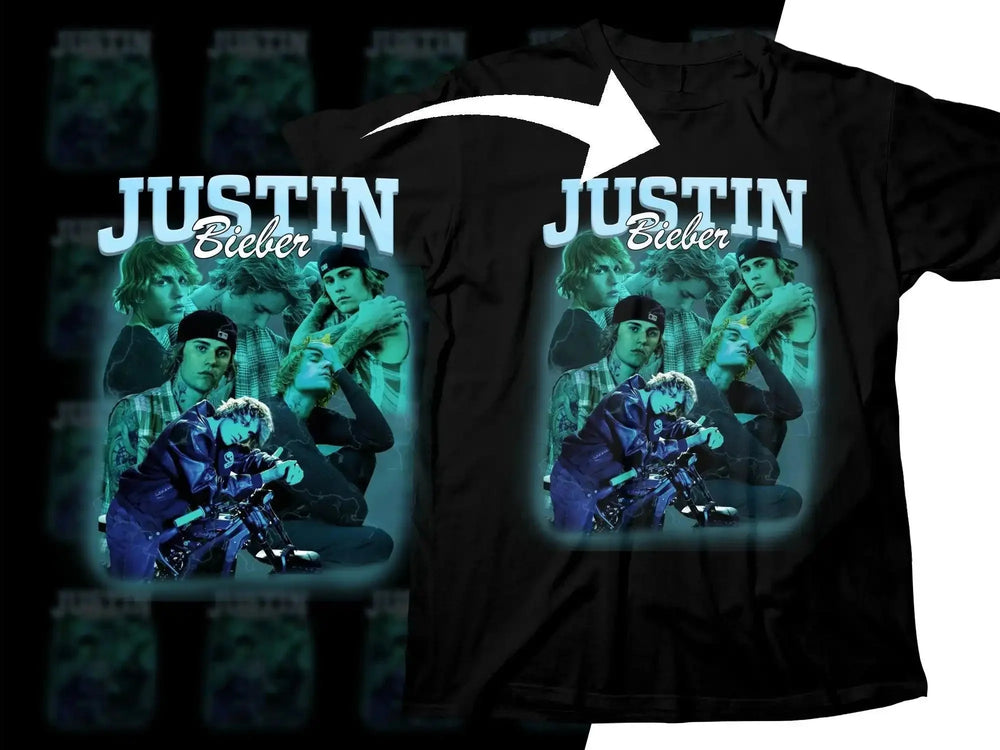 Justin Bieber collage t-shirt design with multiple poses and teal lighting effect