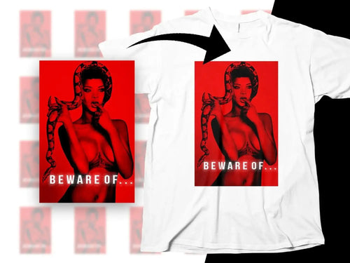Beware of... bold red t-shirt design with snake and woman graphic, print-ready PNG