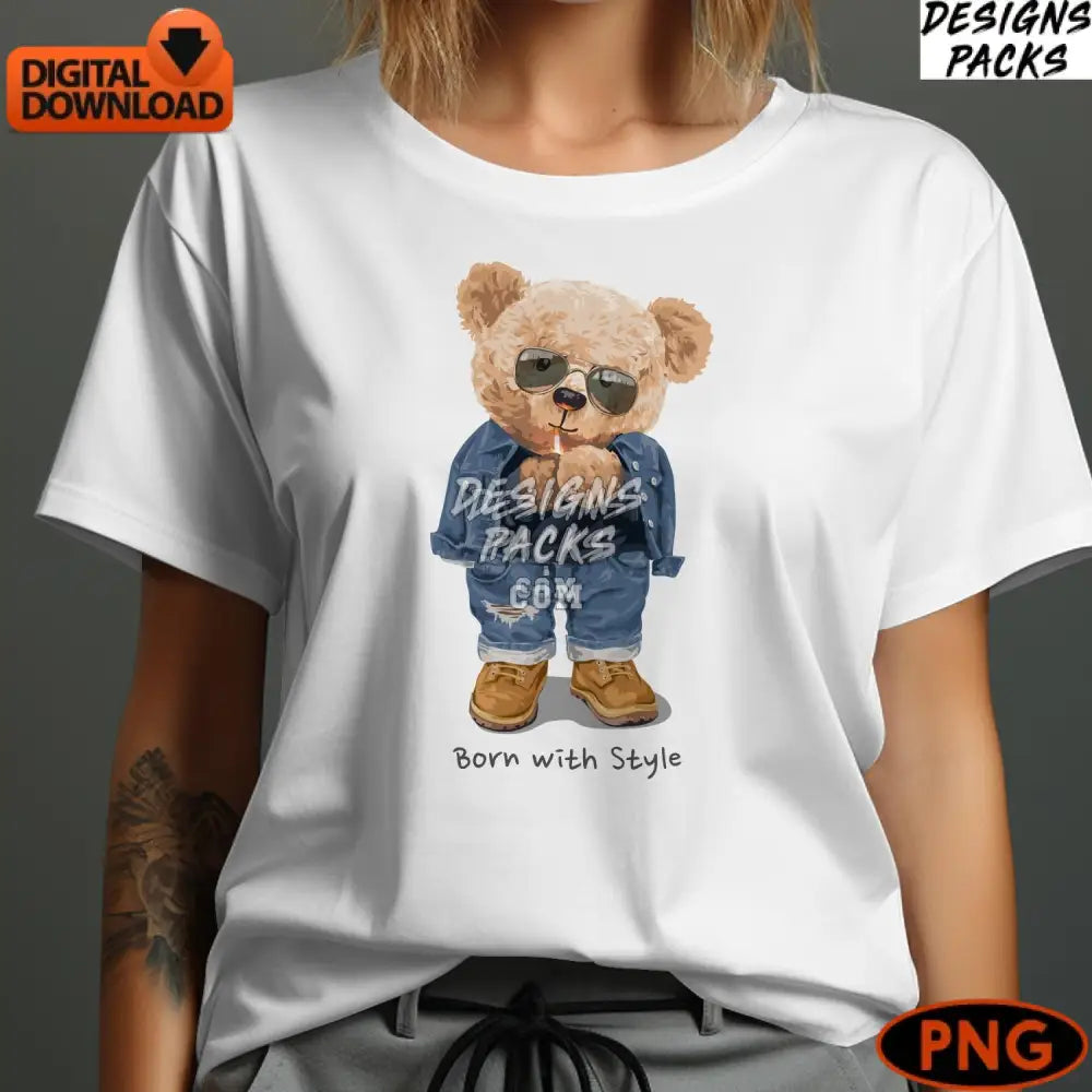 Stylish Teddy Bear Illustration Digital Png Instant Download Cute Graphic Nursery