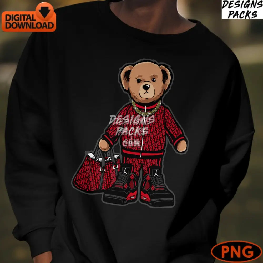 Stylish Teddy Bear In Red Tracksuit Digital Png File Instant Download Hip Hop With Sneakers And Bag