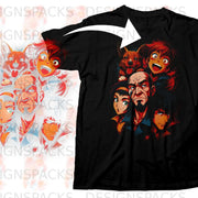 Black t-shirt featuring anime-style characters including a corgi and a group of people.