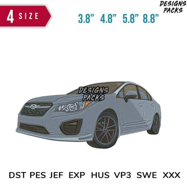 Embroidery design of a car in 4 sizes, compatible with DST PES JEF formats for machine embroidery projects.