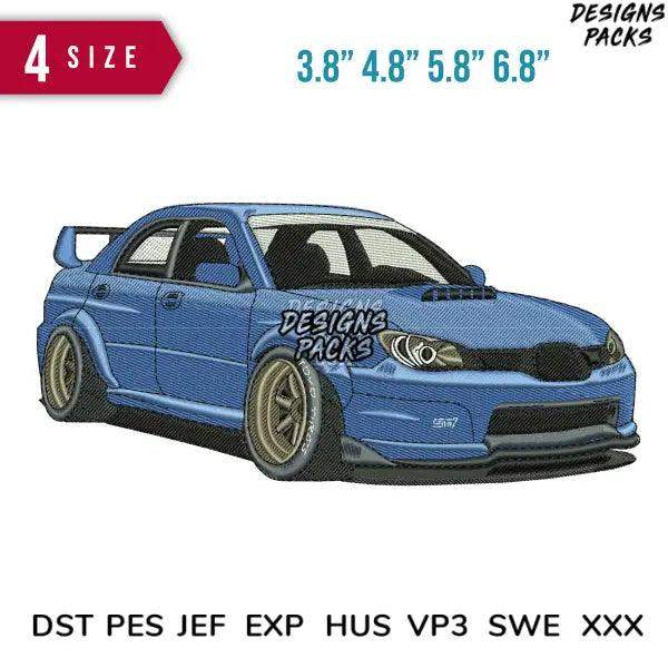 Blue modified sports car embroidery design in 4 sizes, compatible with DST PES JEF formats for instant download