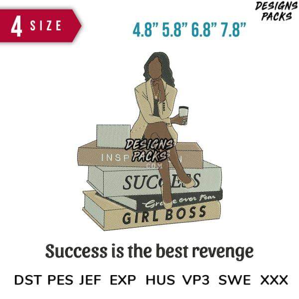 Embroidery design: woman on books with 'Success is the best revenge' quote, 4 sizes, DST PES JEF formats