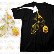 Gold key charm with "The Key to Success" text and dollar sign on black t-shirt.