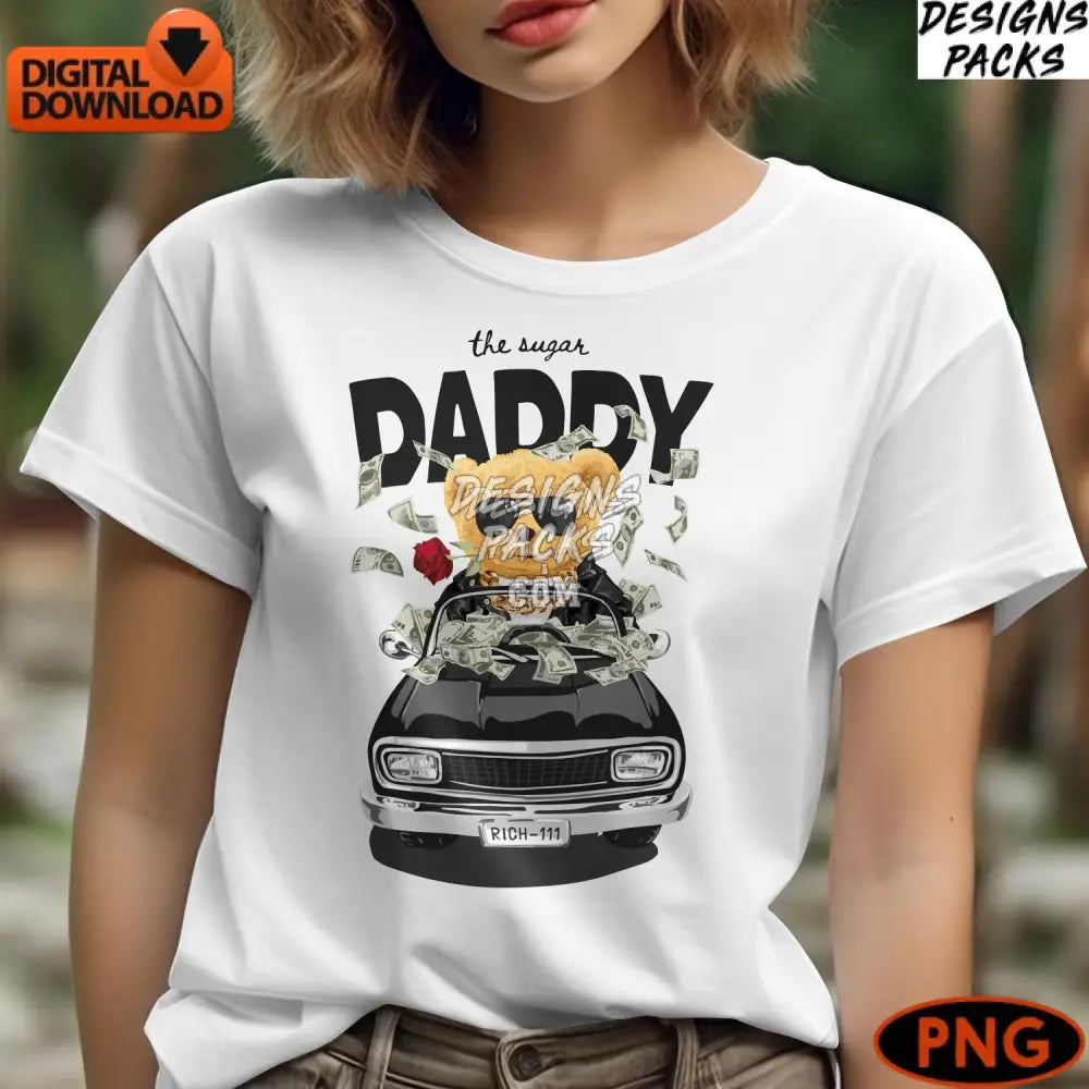Sugar Daddy Bear Digital Art Wealthy On Car Instant Download Funny Money Illustration Gift Idea Png