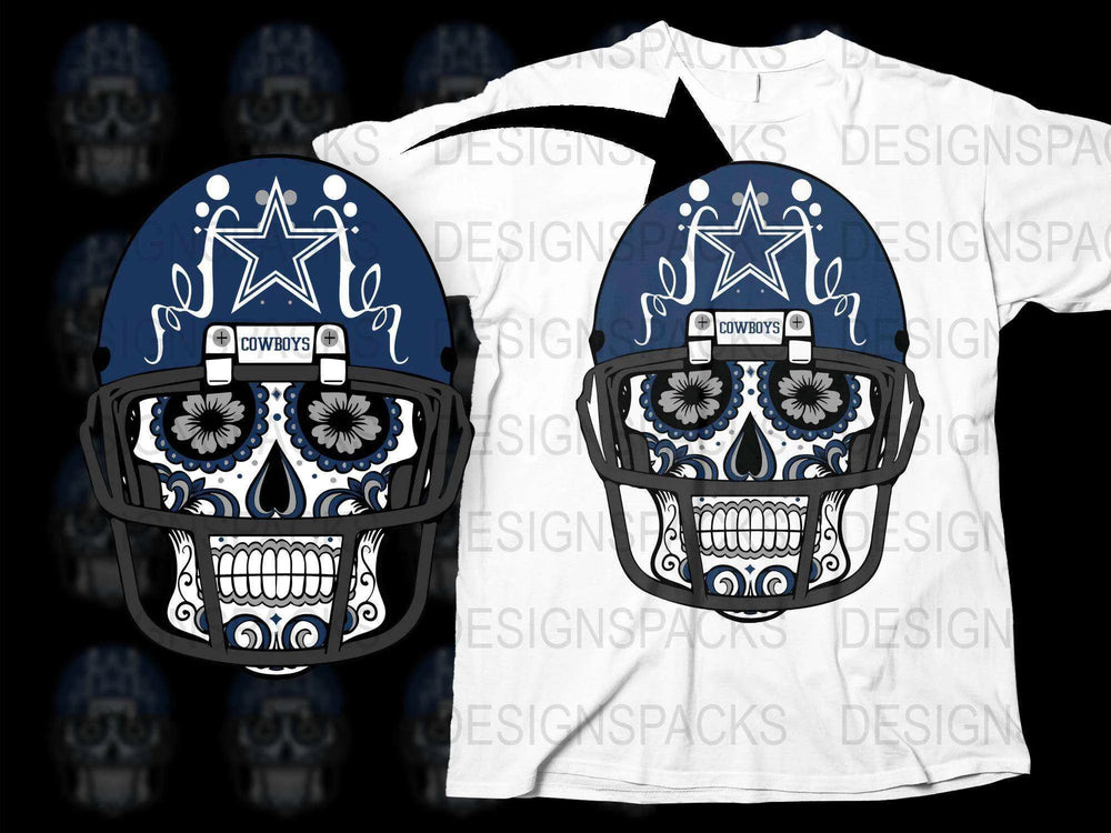 Dallas Football Sugar Skull T-Shirt, Blue and White Sports Fan Apparel, Graphic Tee for Cowboys Games