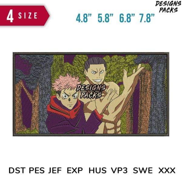 Anime embroidery design with 4 sizes, PES DST formats for machine stitching, forest scene with characters