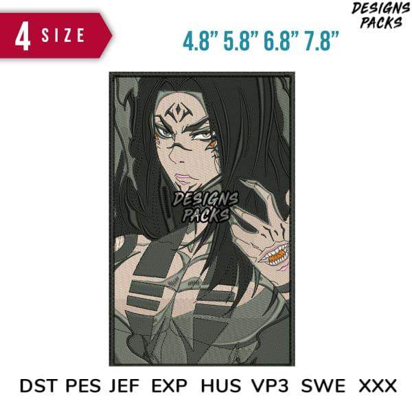 Anime-style embroidery design with 4 size options, print-ready DST PES formats for DTG & DTF