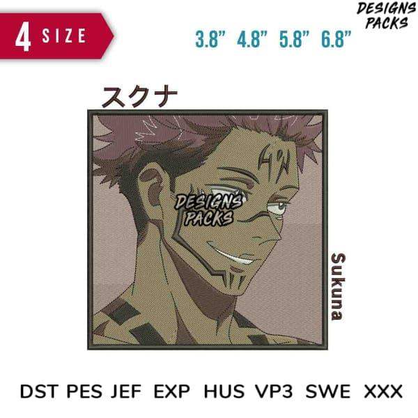 Sukuna anime embroidery design in 4 sizes, DST PES JEF formats, print-ready for DTG or DTF