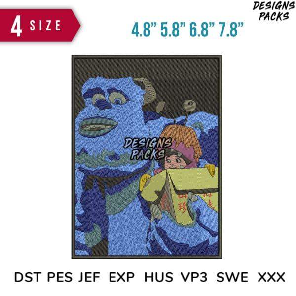 Embroidery design of Sulley and Boo from Monsters Inc, available in 4 sizes and multiple file formats