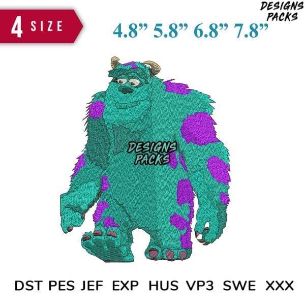 Embroidery design of green monster with purple spots, available in multiple sizes and formats