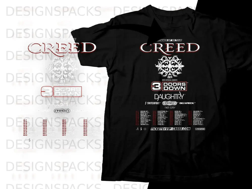 Creed 3 Doors Down Daughtry 2024 Summer Tour T-shirt with dates and locations.