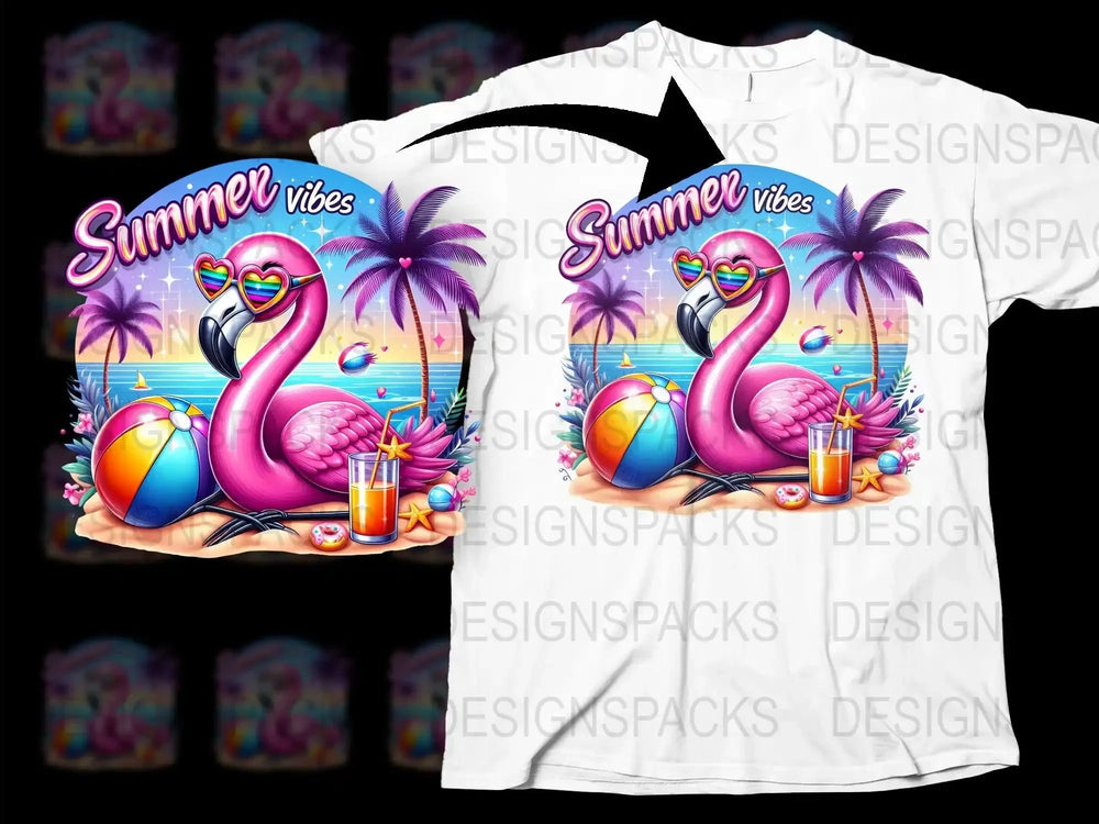 Summer Vibes T-Shirt, Tropical Flamingo Print, Beach Sunset, Palm Trees, Unisex Graphic Tee