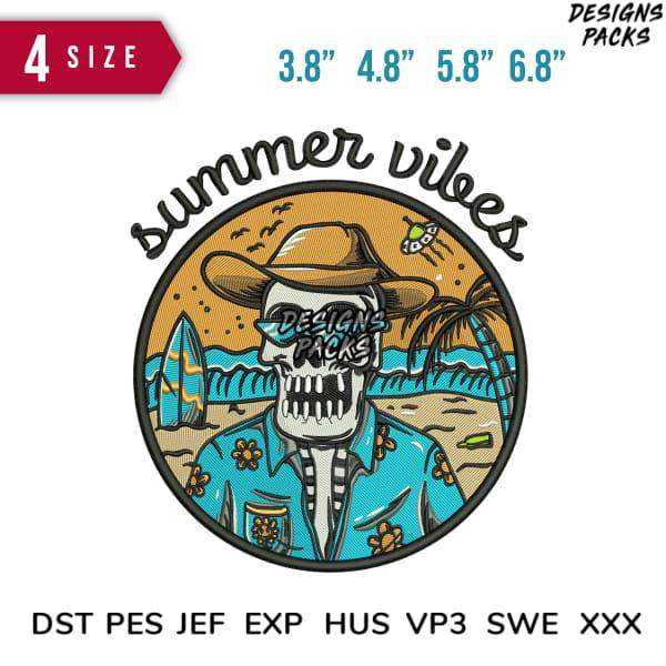 Summer vibes skull in beach hat, surfboard & palm trees design for embroidery, DTF, DTG, tumbler wraps