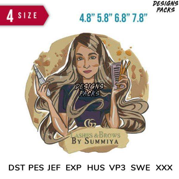 Lashes & Brows by Summiya embroidery design in 4 sizes, DTF/DTG ready, PES/DST formats for instant download