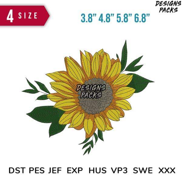 Sunflower embroidery design with green leaves, available in multiple sizes and formats for instant download.