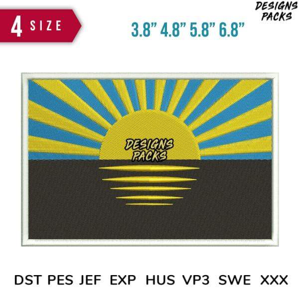 Sunset embroidery design with yellow sun, blue rays, and black water, available in 4 sizes and multiple formats