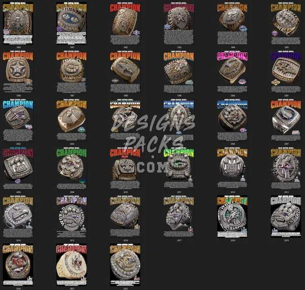 Super Bowl Rings 1990 to 2022 Football Designs Bundle PNG