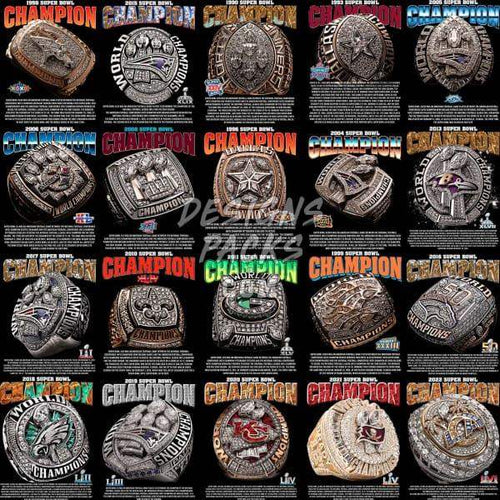 Collection of Super Bowl championship rings with detailed engravings and team logos