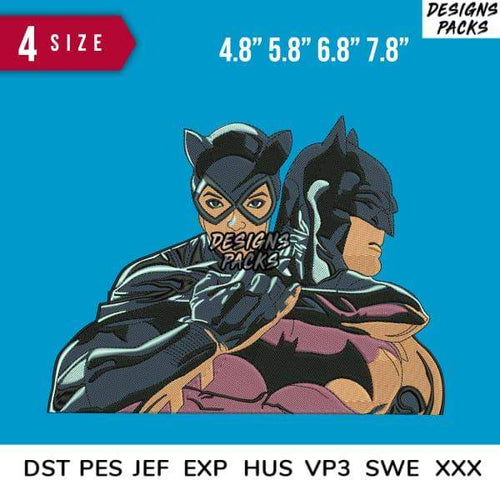 Batman and Catwoman embroidery design in DST PES formats, available in 4 sizes for instant download.