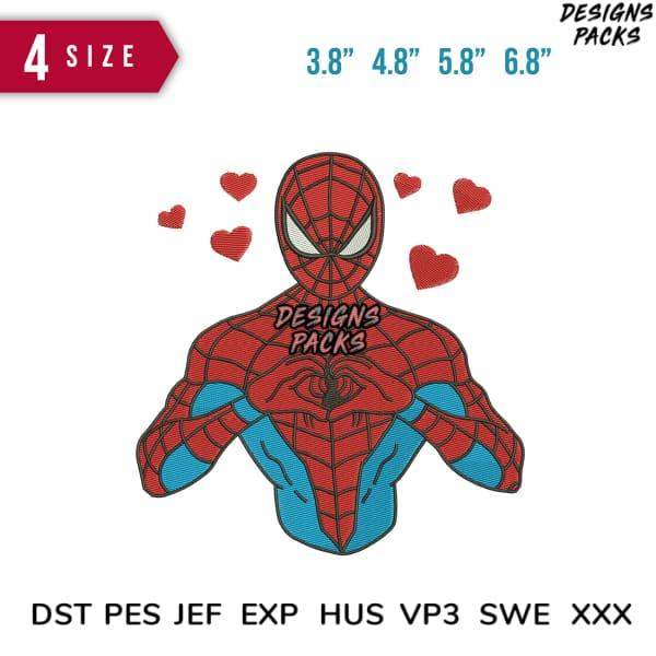 Spider-Man embroidery design with hearts, available in 4 sizes & multiple formats for instant download