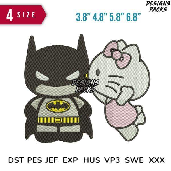 Batman and Hello Kitty embroidery designs in multiple sizes for instant download