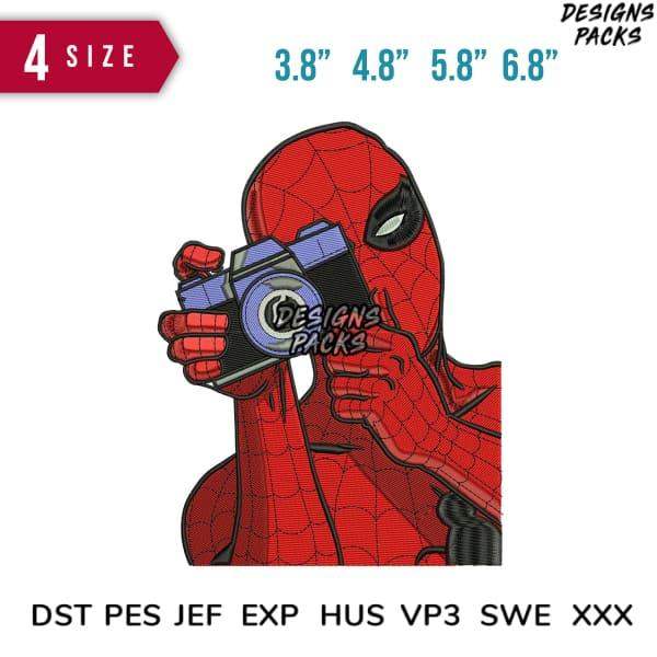Spiderman holding camera embroidery design in 4 sizes, DST PES JEF formats for instant download