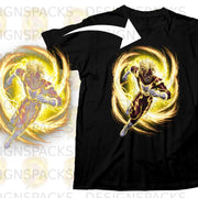 Black t-shirt with a graphic of a speedster surrounded by golden lightning effects.