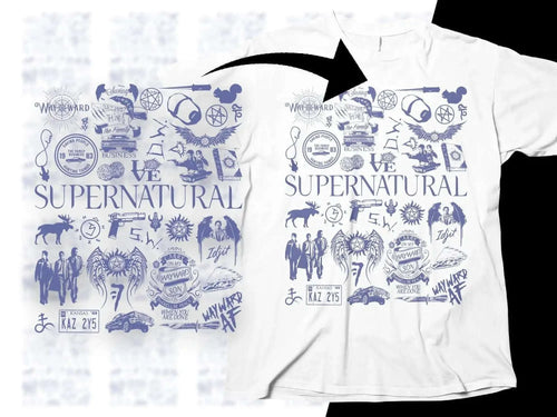 Supernatural-themed t-shirt with iconic symbols, characters, and quotes in blue print on white fabric.